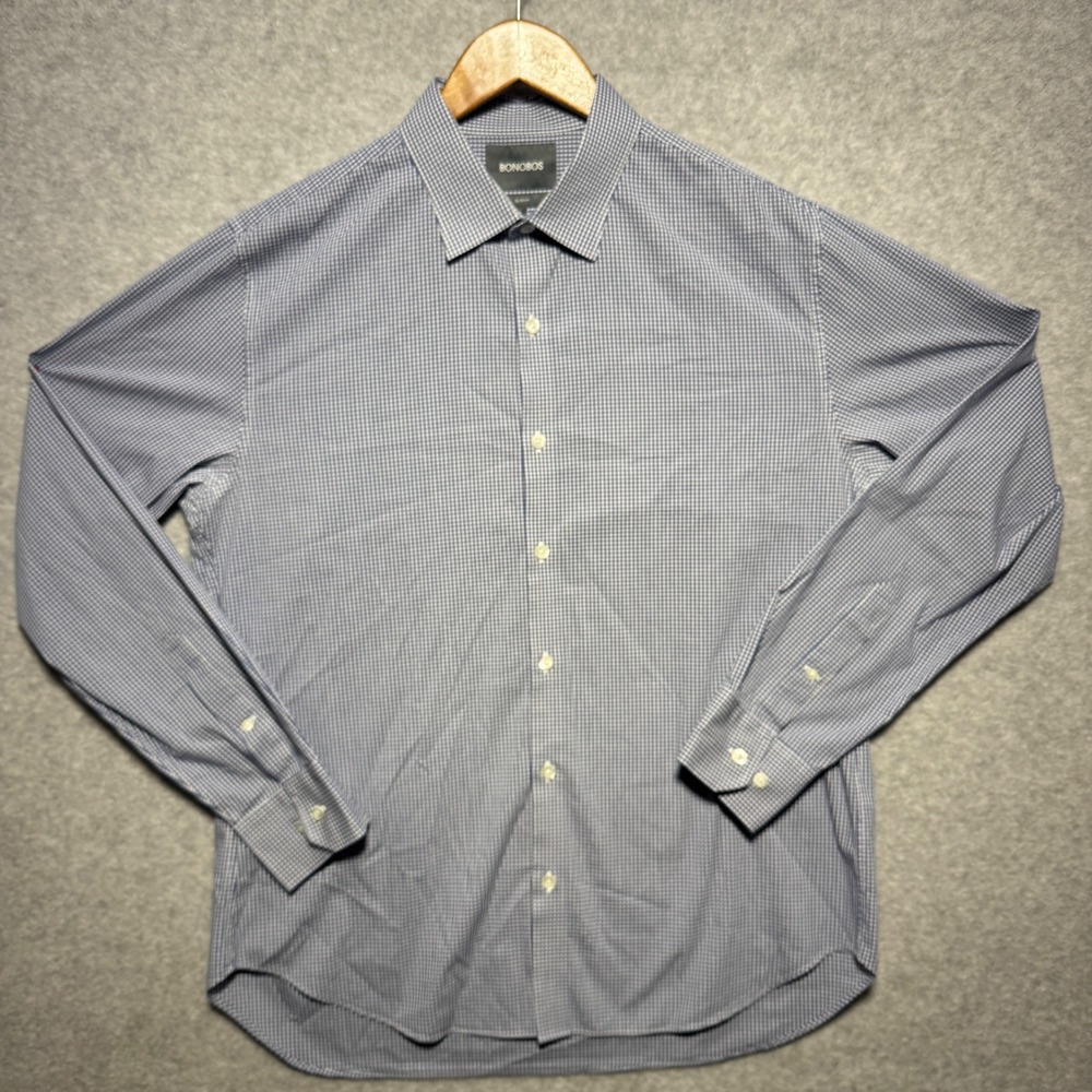 Bonobos Slim Fit Mens Blue White Micro Check Egyptian Cotton Blend Shirt Large